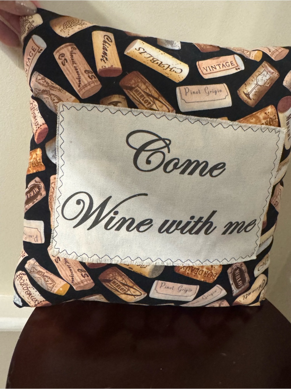 Come Wine With Me Accent Pillow - Black and Cream Wine Cork Motif